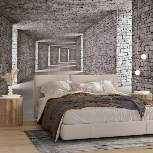 Fotobehang 3D-stenen tunnel in grijstinten