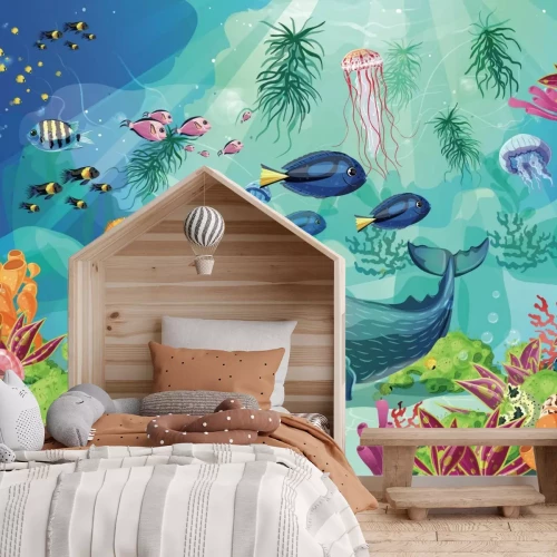 Fotobehang Kleurrijke onderwaterwereld met vissen en zeedieren, sprookjesachtig landschap