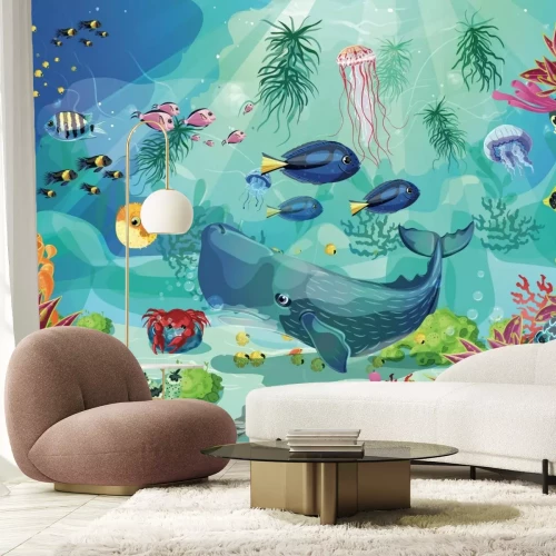 Fotobehang Kleurrijke onderwaterwereld met vissen en zeedieren, sprookjesachtig landschap