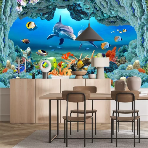Fotobehang Dolfijnen en vissen in de onderwaterwereld van het zeelandschap