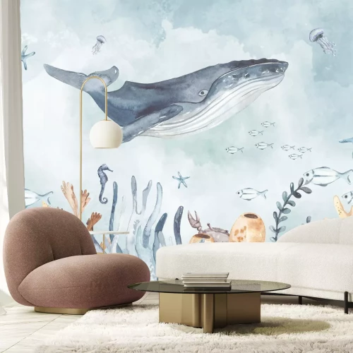 Fotobehang Onderwaterleven met walvissen en dieren aquarelpatroon voor kinderen