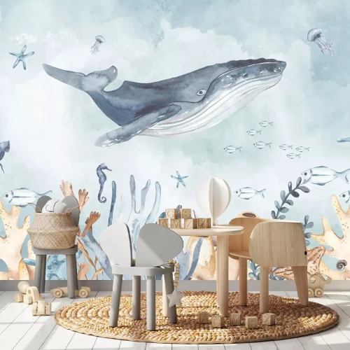 Fotobehang Onderwaterleven met walvissen en dieren aquarelpatroon voor kinderen