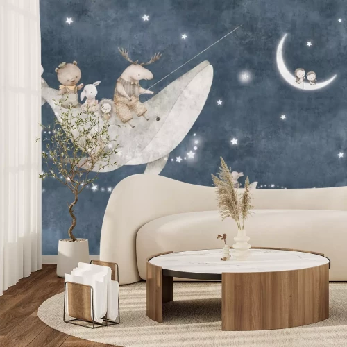 Fotobehang Dieren en een walvis tegen de nachtelijke hemel met de maan