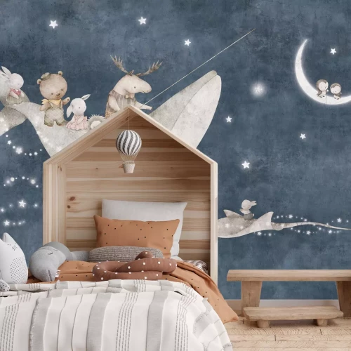 Fotobehang Dieren en een walvis tegen de nachtelijke hemel met de maan