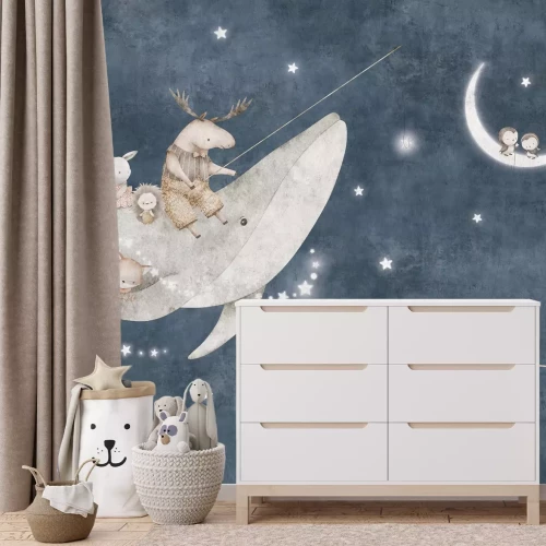 Fotobehang Dieren en een walvis tegen de nachtelijke hemel met de maan