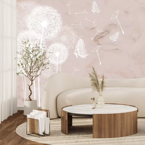 Fotobehang Witte paardenbloemen en vlinders op een marmeren achtergrond, abstract patroon