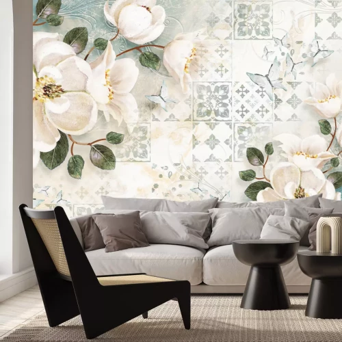 Fotobehang Witte bloemen en vlinders op een mozaïekachtergrond, botanisch patroon