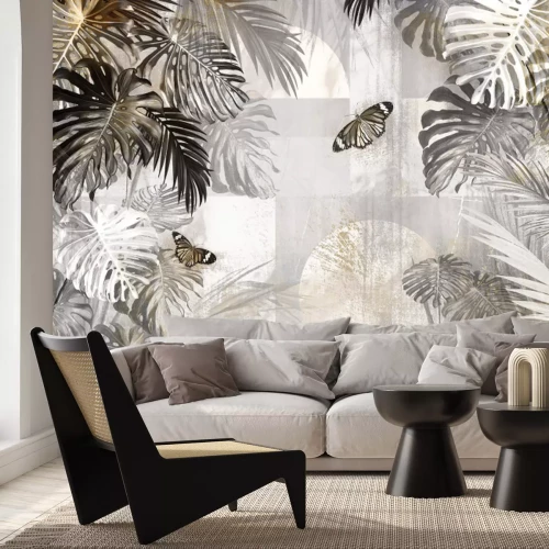 Fotobehang Monsterabladeren en vlinders botanisch patroon op gestructureerde achtergrond