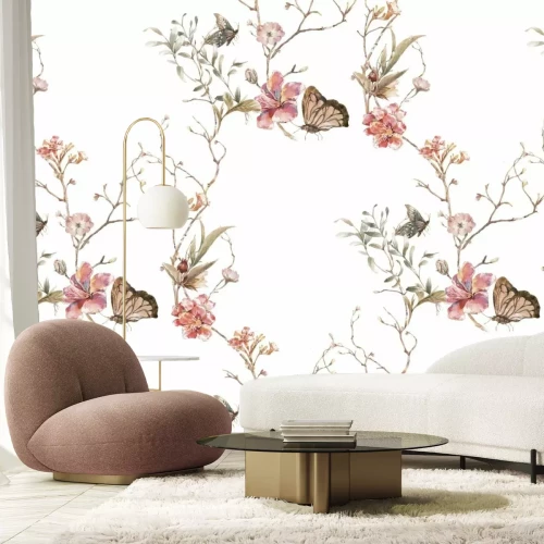 Fotobehang Aquarelbloemen op takken en vlinders botanisch patroon