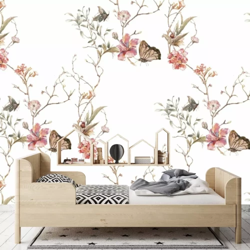 Fotobehang Aquarelbloemen op takken en vlinders botanisch patroon