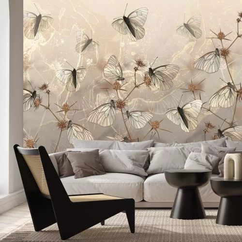 Fotobehang Vlinders en wilde veldplanten op een gestructureerde achtergrond, modern patroon