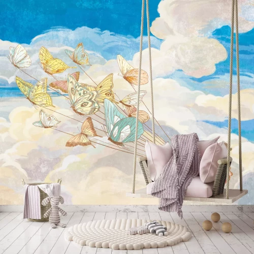 Fotobehang Dieren en vlinders tegen de lucht - kinderpatroon