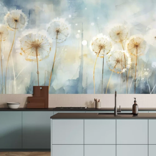 Fotobehang Abstracte wilde bloemen op een aquarelachtergrond, delicaat patroon