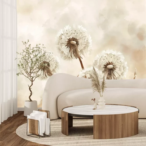 Fotobehang Abstracte paardenbloembloemen op een beige aquarelachtergrond