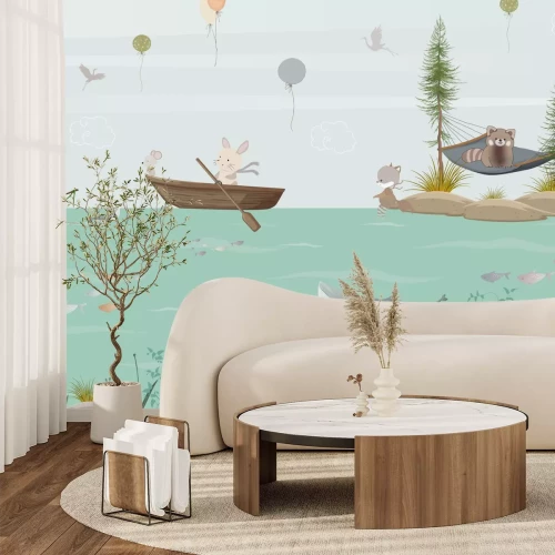 Fotobehang Zeethema voor kinderen: dieren in boten en vissen