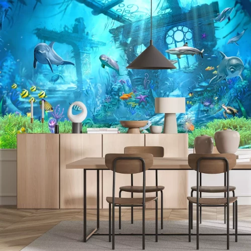 Fotobehang Onderwaterwereld van de oceaan met vissen en planten zeepatroon