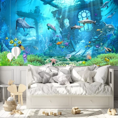 Fotobehang Onderwaterwereld van de oceaan met vissen en planten zeepatroon