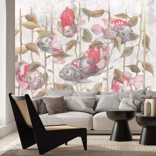 Fotobehang Botanisch patroon met vissen en groen op een betonnen achtergrond met een textuureffect.