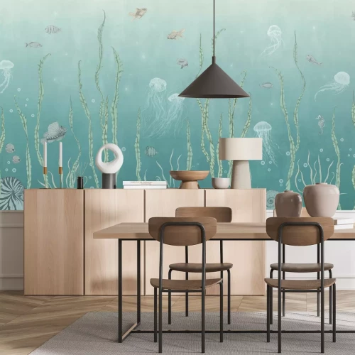 Fotobehang Vissen en kwallen tussen groene planten in een onderwaterlandschap