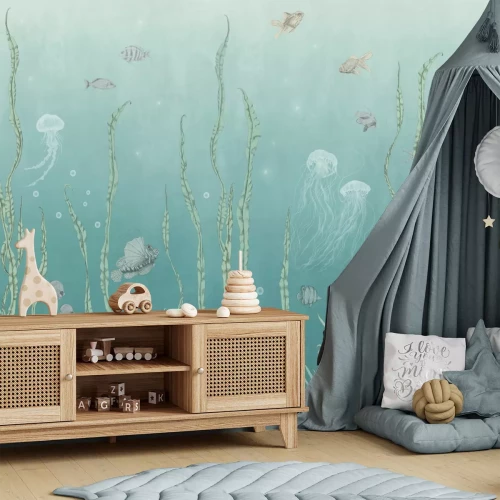 Fotobehang Vissen en kwallen tussen groene planten in een onderwaterlandschap