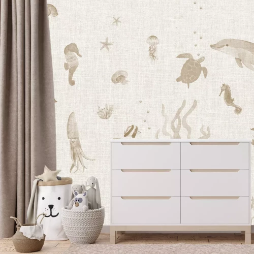 Fotobehang Onderwaterwereld van vissen en dieren tussen planten monochroom kinderpatroon