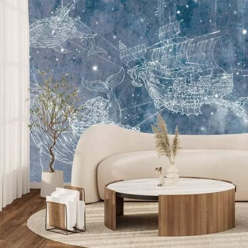 Fotobehang Kinderpatroon met walvissen en een schip op een achtergrond van sterren, abstracte illustratie