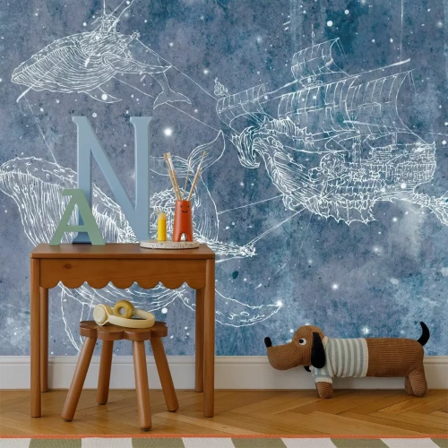 Fotobehang Kinderpatroon met walvissen en een schip op een achtergrond van sterren, abstracte illustratie