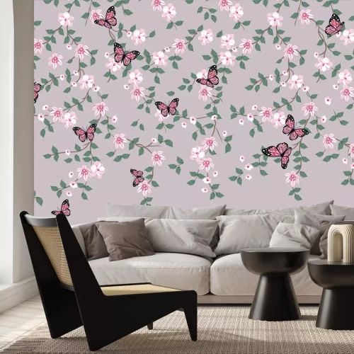 Fotobehang Roze vlinders en bloemen op takken met groen blad botanisch patroon