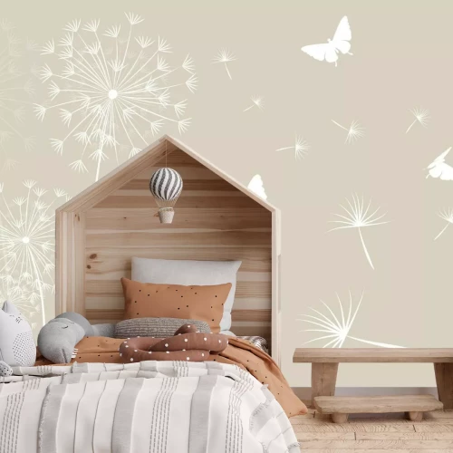 Fotobehang Een delicaat, minimalistisch motief met witte vlinders en paardenbloemen in de wind.