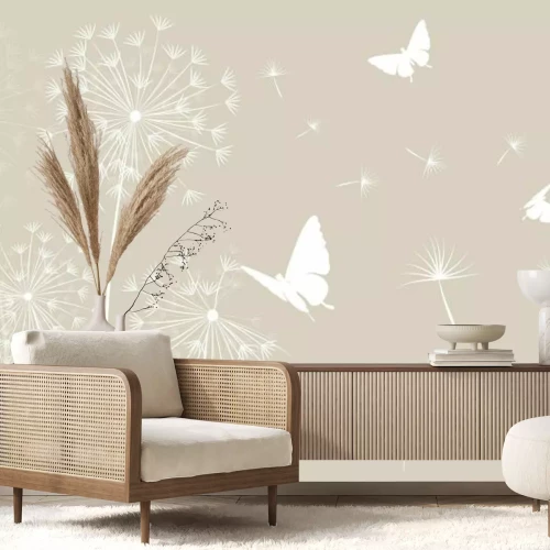 Fotobehang Een delicaat, minimalistisch motief met witte vlinders en paardenbloemen in de wind.