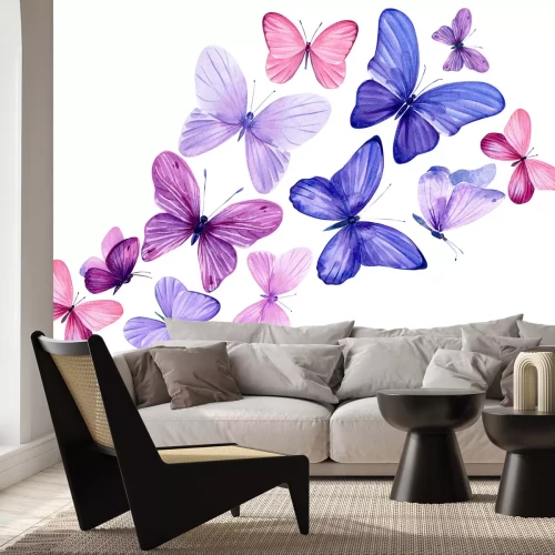 Fotobehang Aquarelvlinders op een witte achtergrond, delicaat artistiek patroon