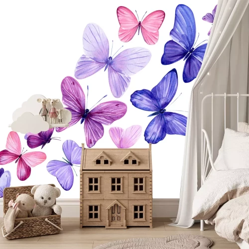 Fotobehang Aquarelvlinders op een witte achtergrond, delicaat artistiek patroon