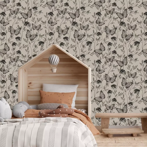 Fotobehang Retro botanisch vlinder- en wilde bloemenmonochroompatroon