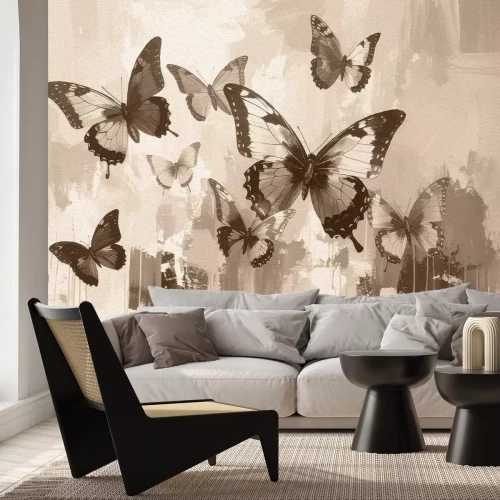 Fotobehang Artistiek patroon met aquarelvlinders op een gestructureerde achtergrond