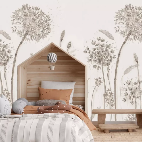 Fotobehang Minimalistische afbeeldingen van paardenbloemen en wilde planten in beige kleuren