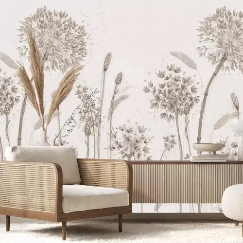 Fotobehang Minimalistische afbeeldingen van paardenbloemen en wilde planten in beige kleuren