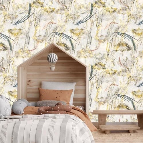 Fotobehang Aquarel wilde bloemen en paardenbloemen in een natuurlijk plantenmotief