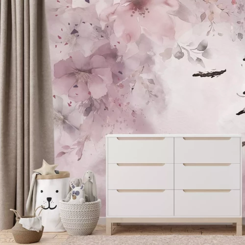 Fotobehang Portret van een vrouw tussen aquarelbloemen in roze tinten