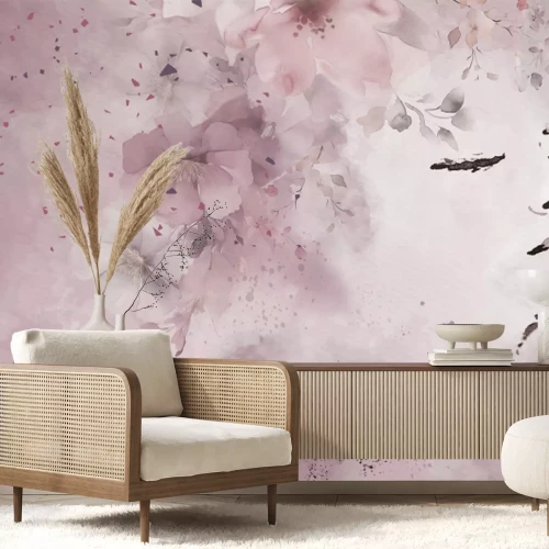 Fotobehang Portret van een vrouw tussen aquarelbloemen in roze tinten