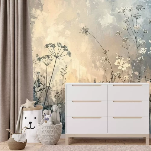 Fotobehang Wilde bloemen op een gestructureerde achtergrond, abstract bloemenpatroon