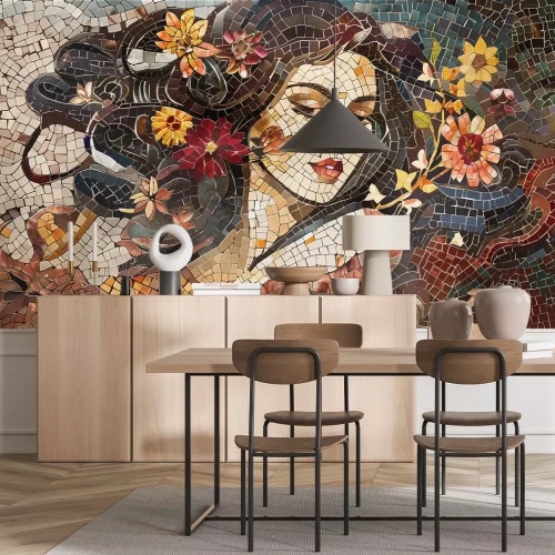 Fotobehang Portret van een vrouw met bloemenmozaïekpatroon in abstracte stijl