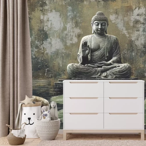 Fotobehang Boeddha met een witte lotusbloem op een betonnen achtergrond