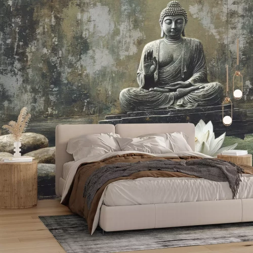 Fotobehang Boeddha met een witte lotusbloem op een betonnen achtergrond