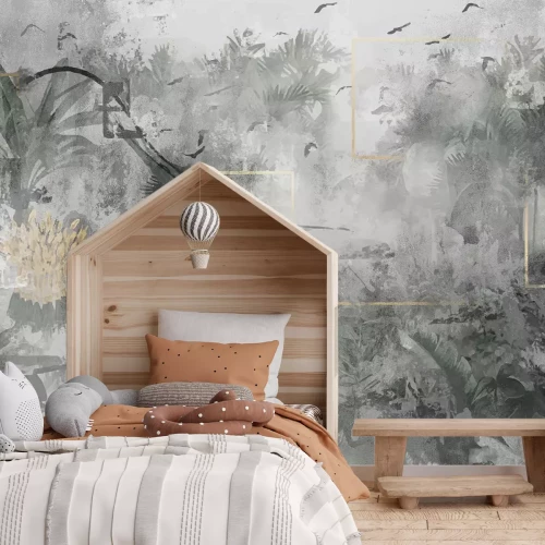 Fotobehang Portret van een vrouw in abstracte stijl met tropische planten tegen een betonnen achtergrond.