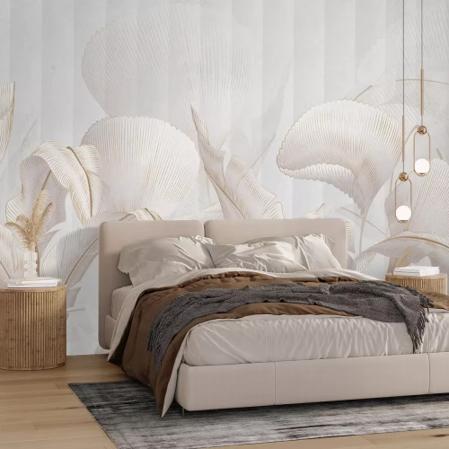 Fotobehang Heldere bladeren met een delicate gouden omtrek op een grijze achtergrond