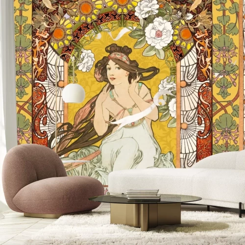 Fotobehang Artistiek beeld van een portret van een vrouw geïnspireerd door Alfons Mucha