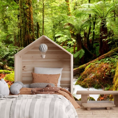 Fotobehang Een bosbeek tussen weelderige planten en bomen