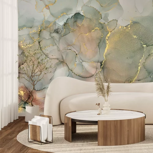 Fotobehang Gemarmerde aquarelachtergrond met gouden versieringen