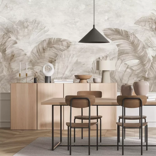 Fotobehang Tropische bananenbladeren in aquarelstijl op een betonnen achtergrond.