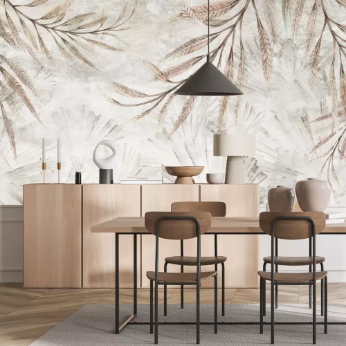 Fotobehang Grote tropische bladeren op beton, botanisch decoratief patroon